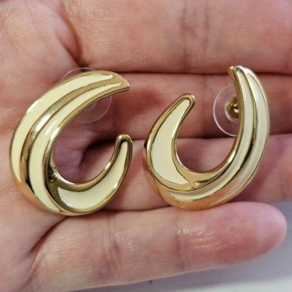 Trifari cream enamel and gold tone earrings